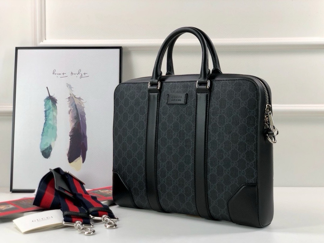 Gucci Briefcase black/gray GG with black leather and blue/red strap model 474135 PVC